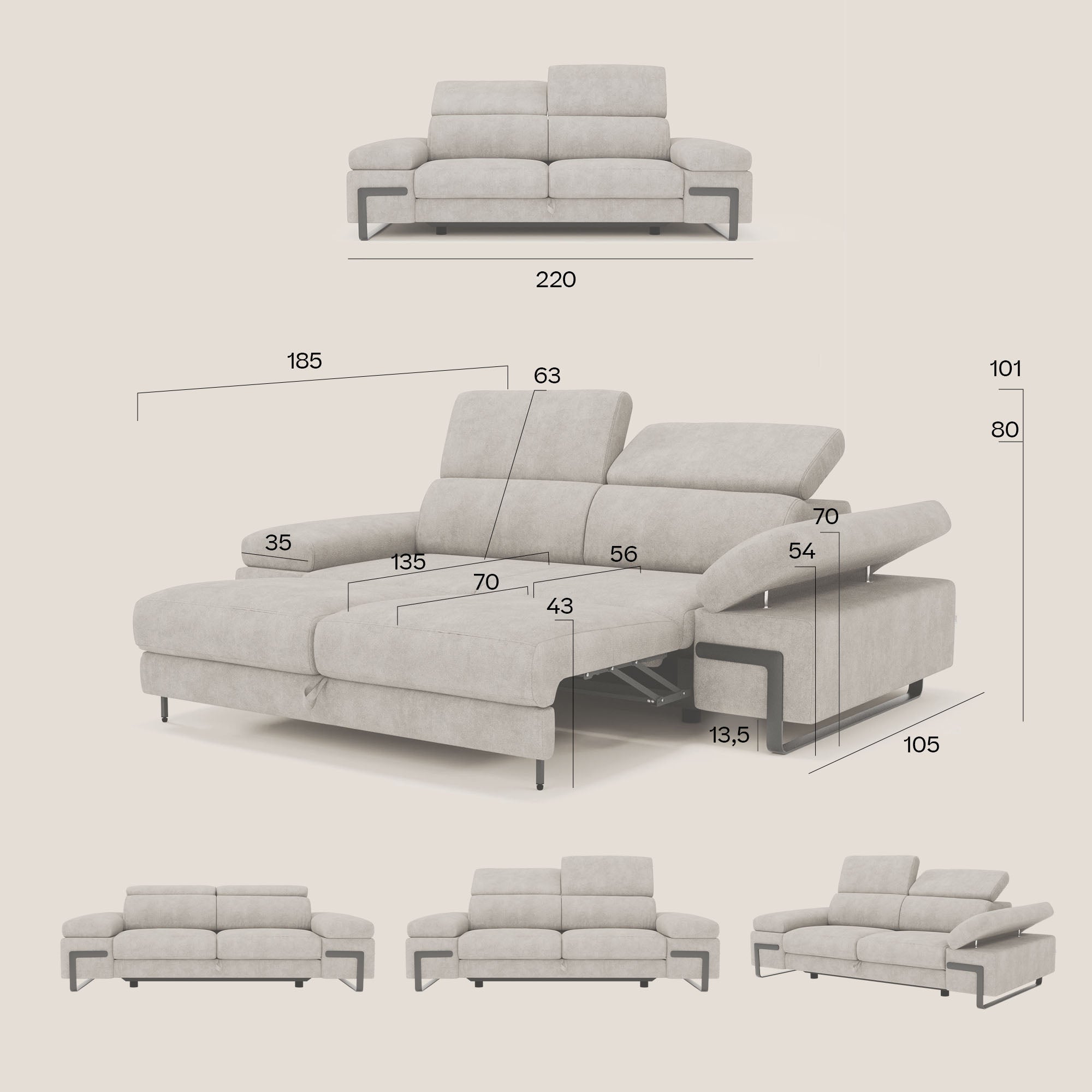 Zayana Canapé 3 places avec élément extractible - accoudoirs et têtières réglables en tissu imperméable T02 beige