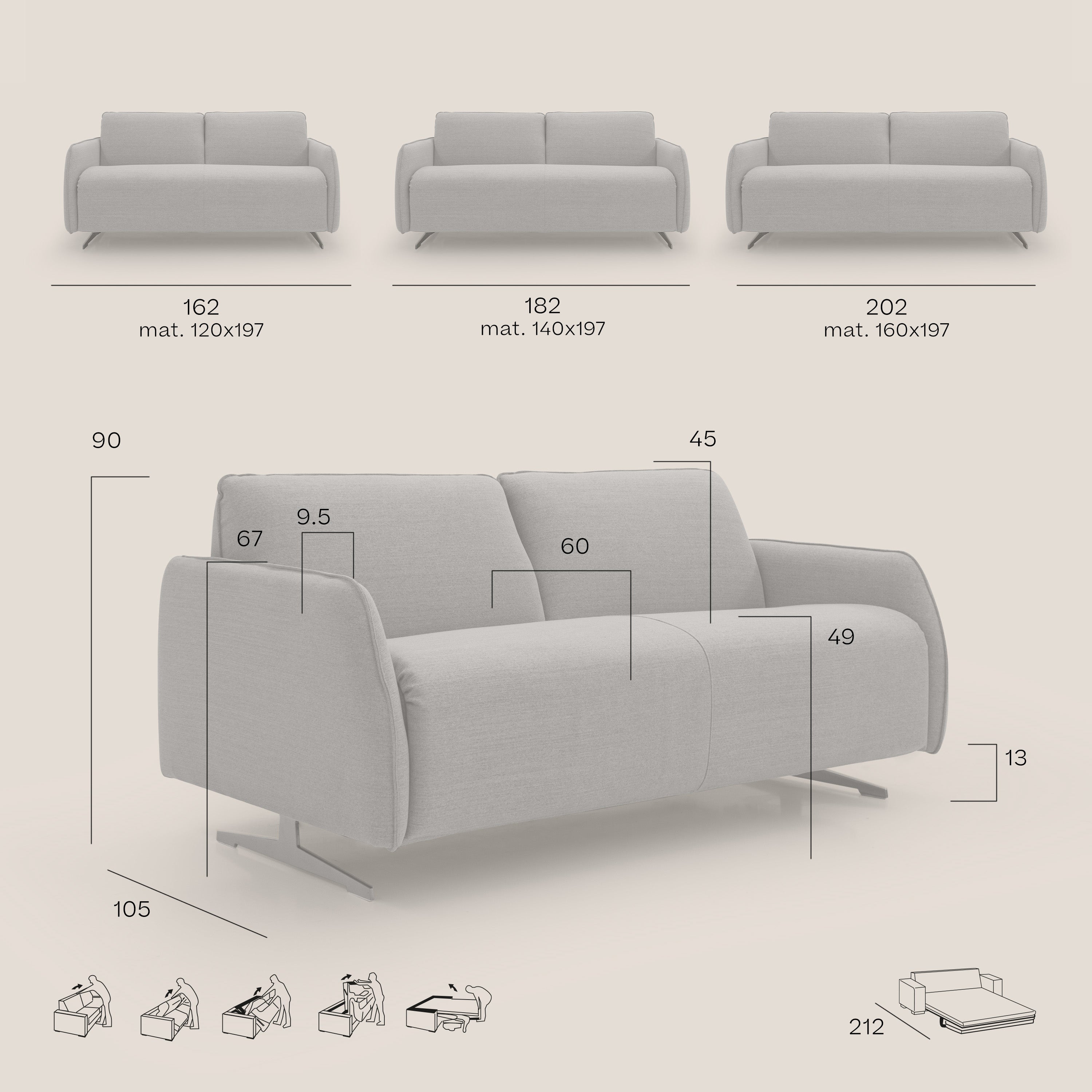 Texas Divano letto matrimoniale moderno in tessuto impermeabile T19 panna - divani.store
