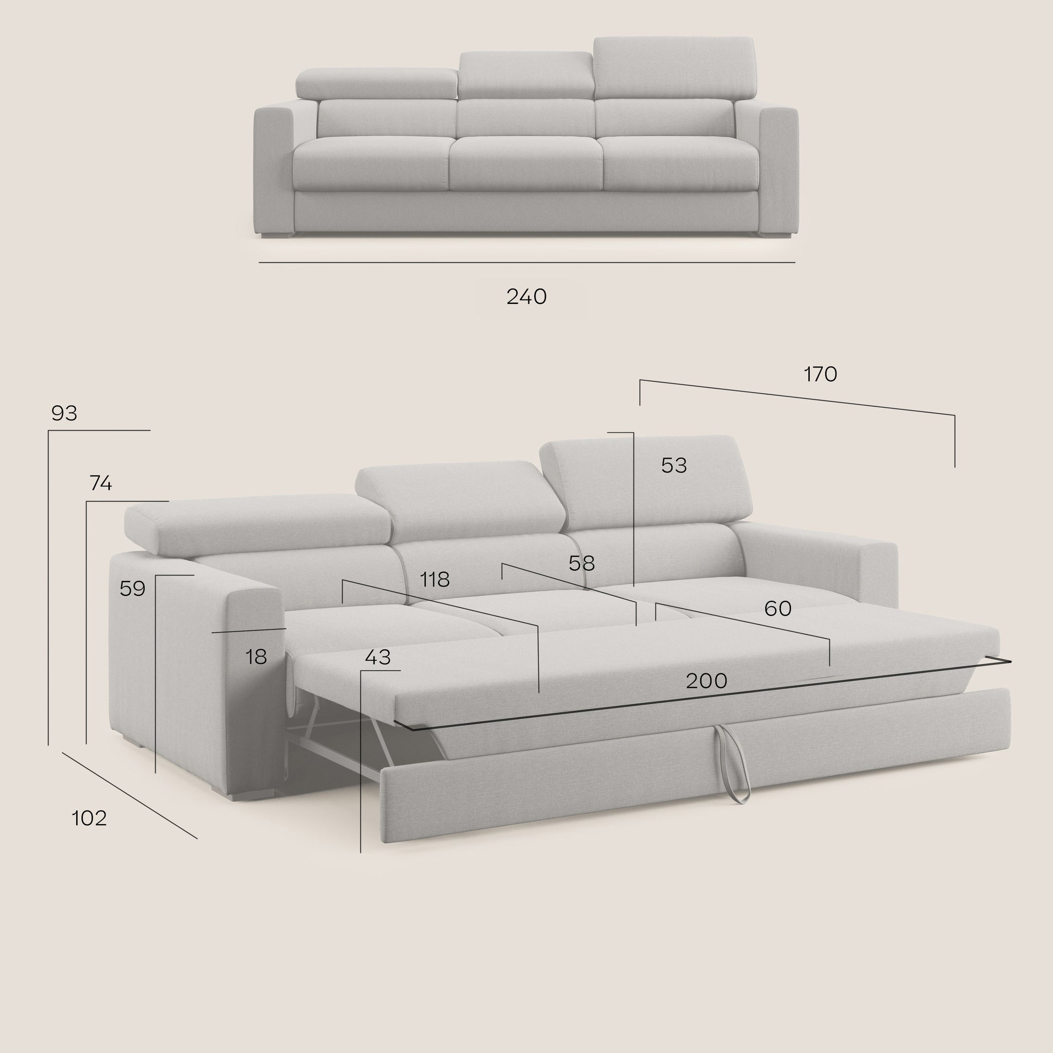 Dylan canapé avec pouf extractible à 3 assises en tissu effet coton imperméable T13