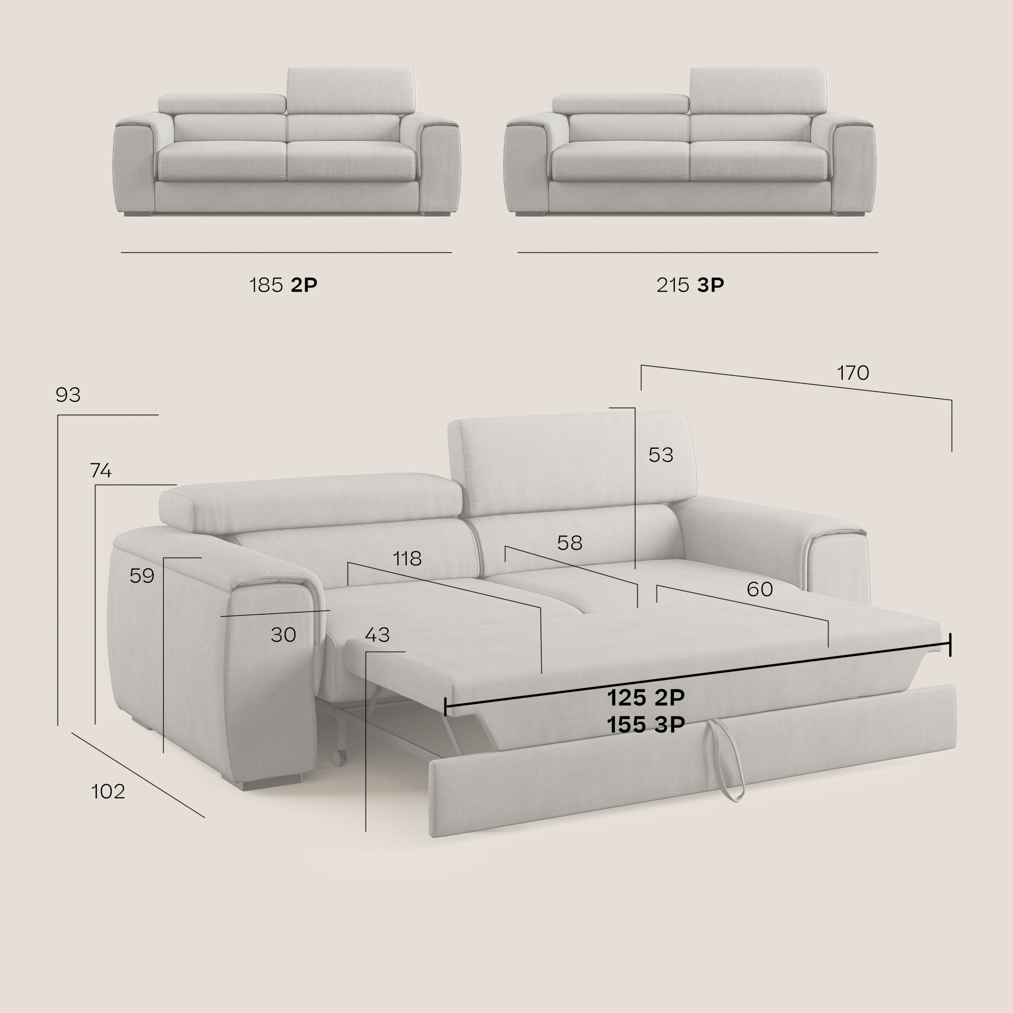 Zeno canapé linéaire avec pouf extractible en tissu doux imperméable T02